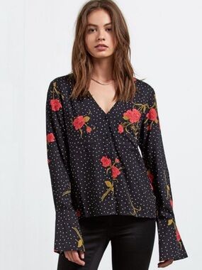 Volcom Black Floral V-Neck Blouse with Pink Roses Polka Dots Size M Whimsigoth